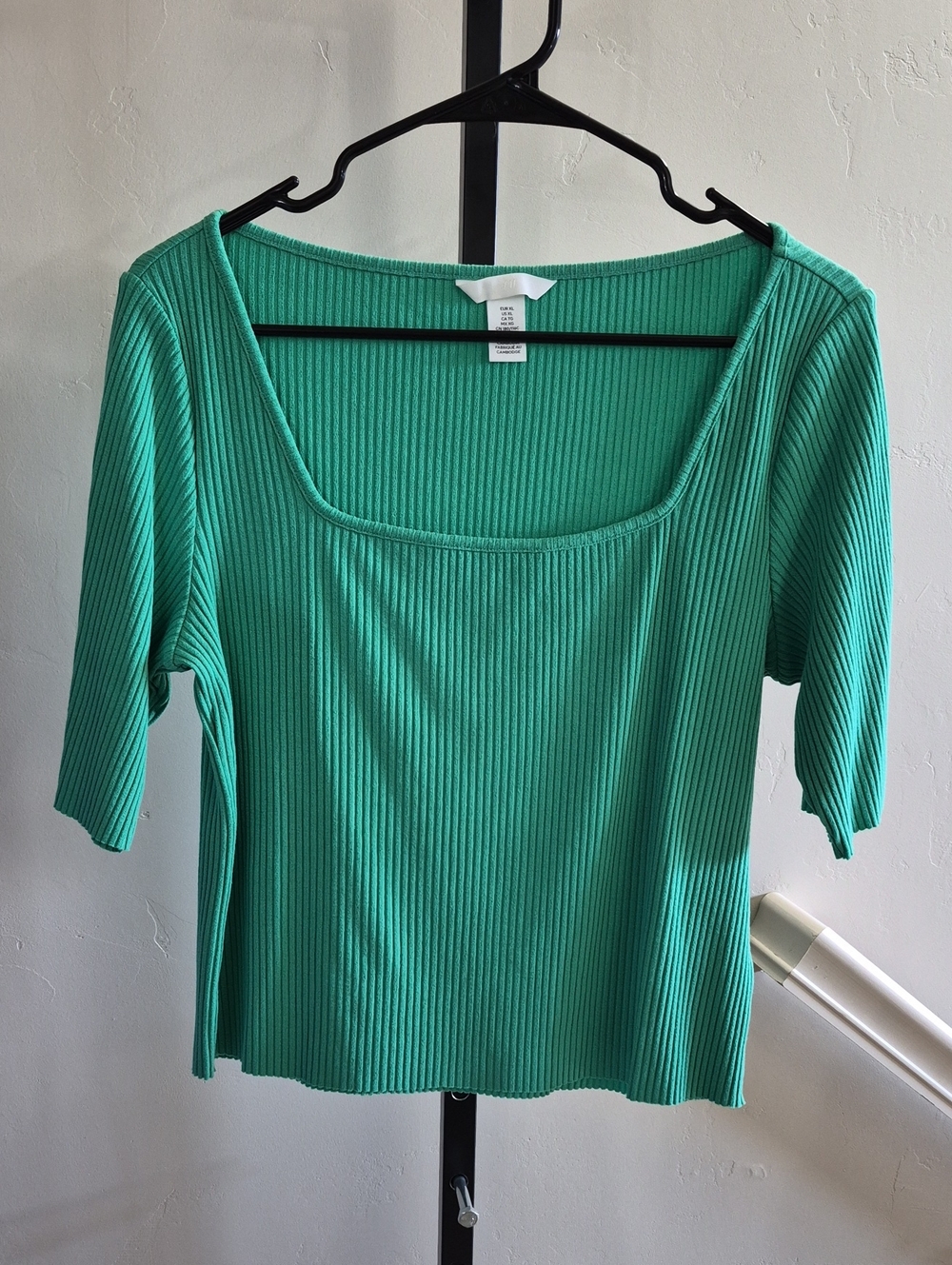 H&M Ribbed Square-Neck Short Sleeve Top in Green-Teal Size XL